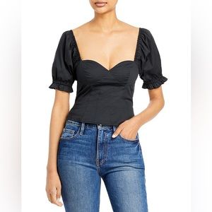 STAUD Lina Black Puff-Sleeve Sweetheart Top